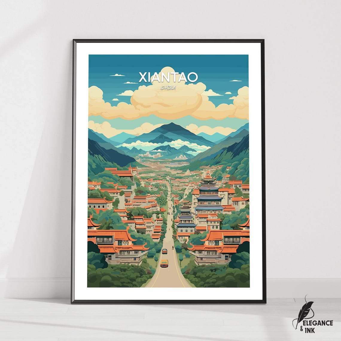 Xiantao China Pagoda Town Mountain Panorama Vintage Travel Poster