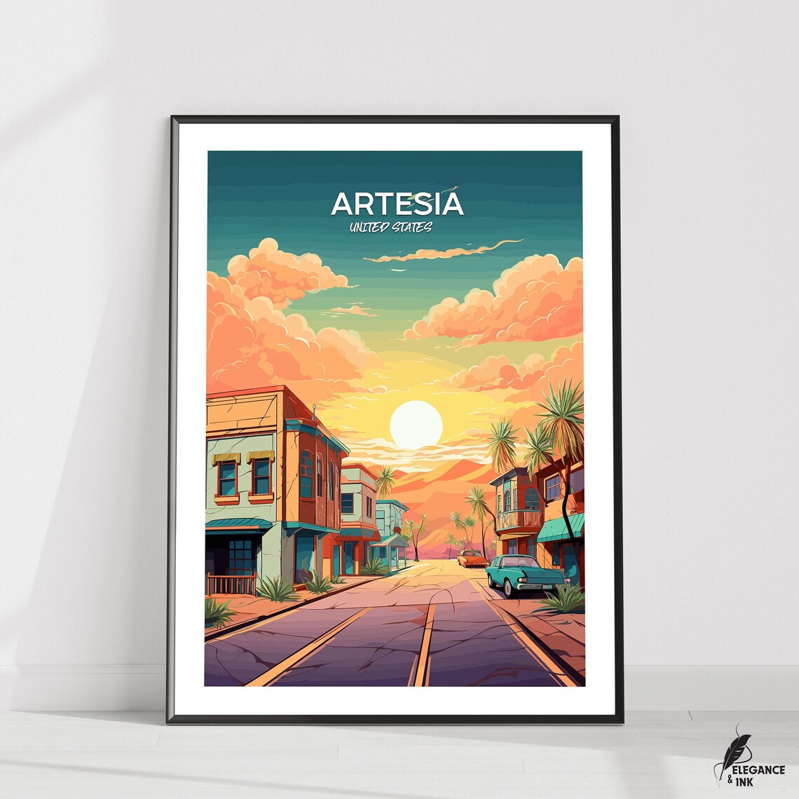 Artesia United States Sunset Street Palm Trees Travel Poster