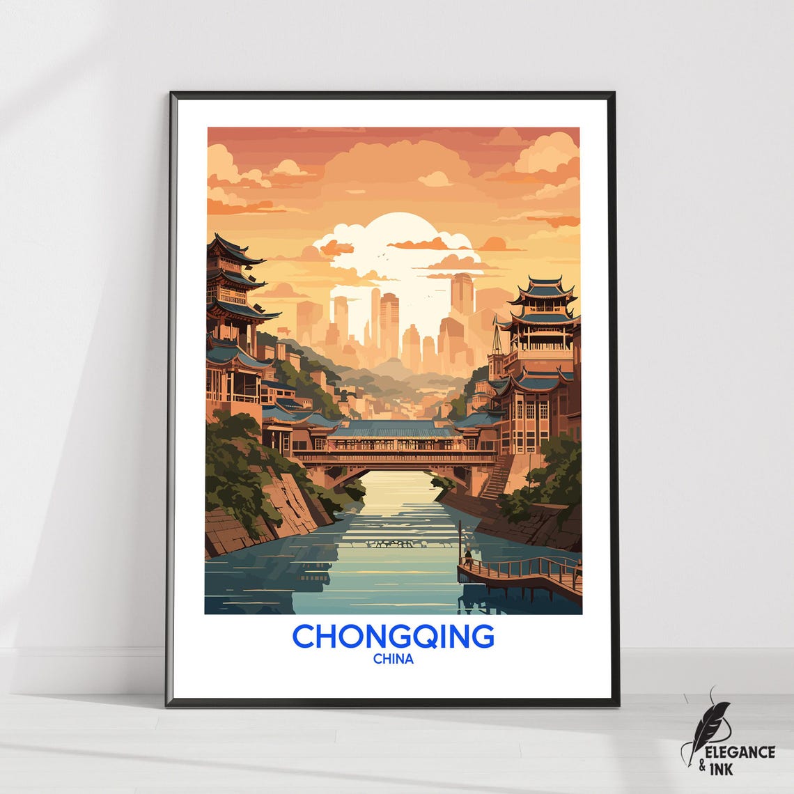 Chongqing China Ancient Old Town Bridge Retro Travel Art Poster