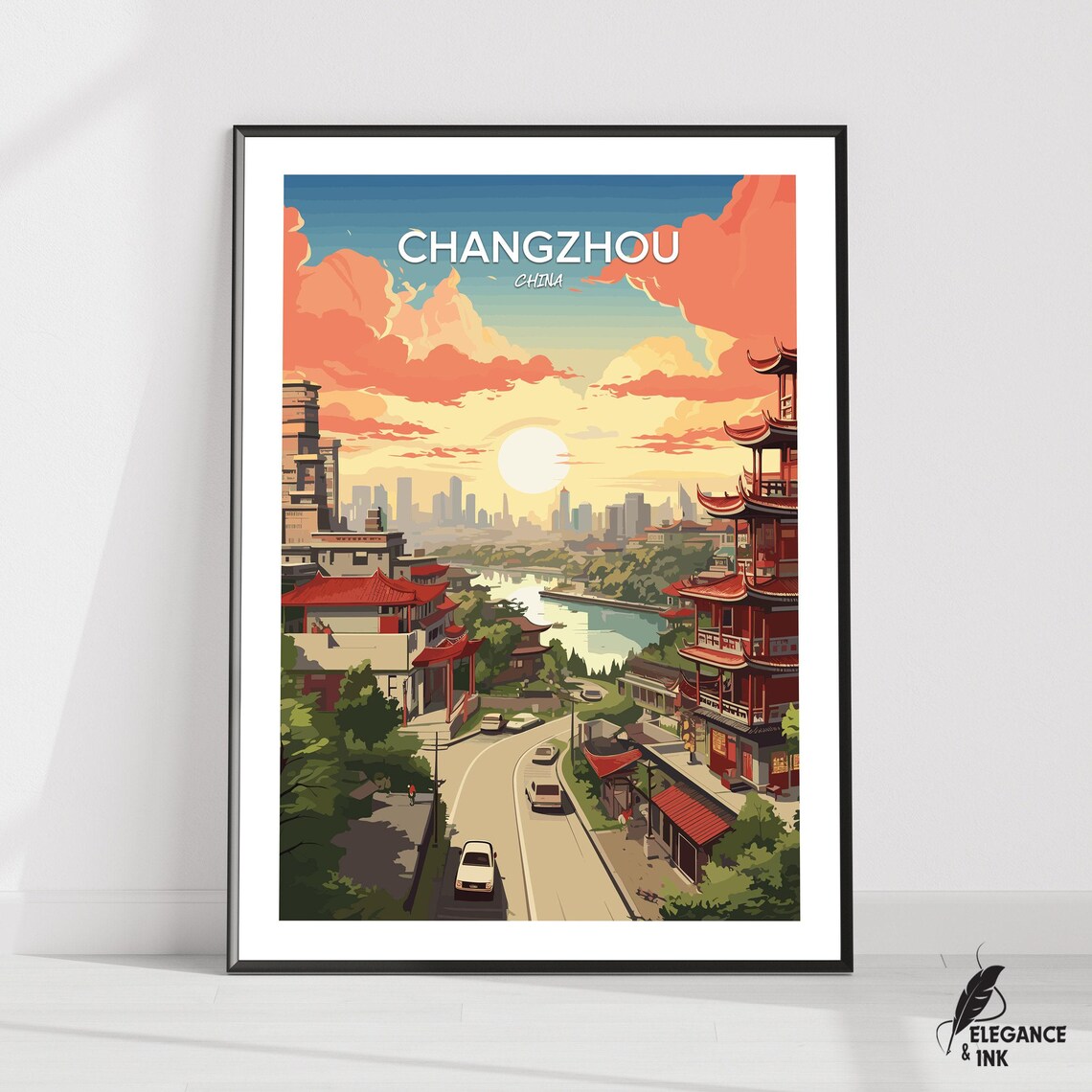Changzhou China Pagoda Skyline Travel Poster with Sunset Clouds Above