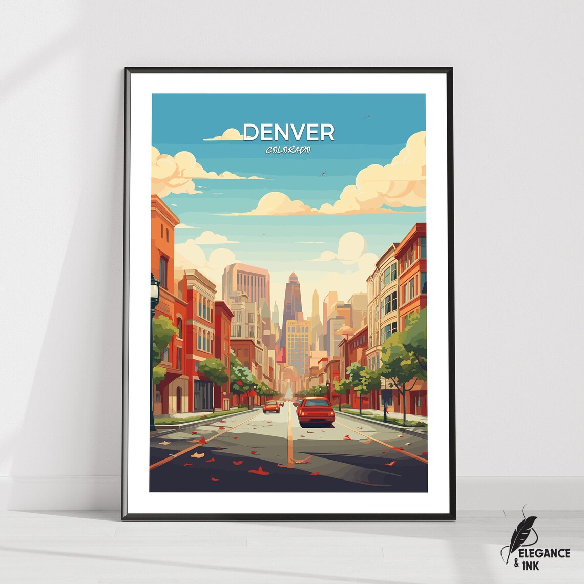 Denver Colorado Downtown Street Retro Illustrated Travel Poster