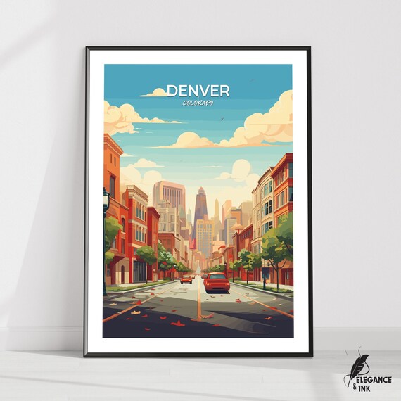 Denver Colorado Downtown Street Retro Illustrated Travel Poster