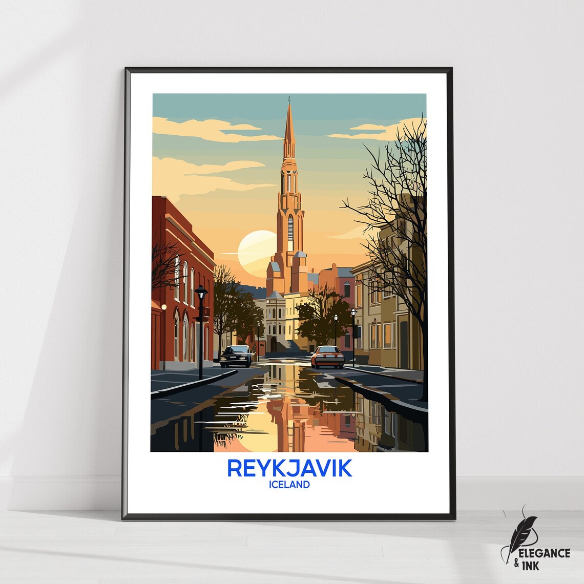 Reykjavik Iceland Sunset Street Church Vintage Travel Poster