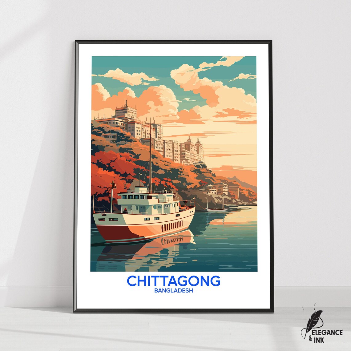 Chittagong Bangladesh Harbor Boat Sunset Vintage Travel Poster