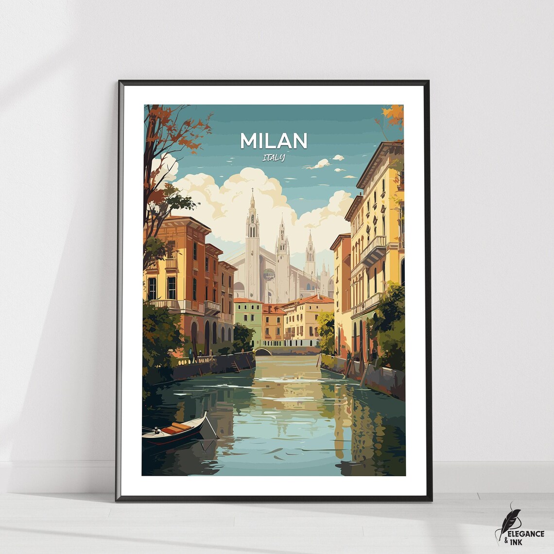 Milan Italy Canal Duomo Cathedral Illustration Vintage Travel Poster
