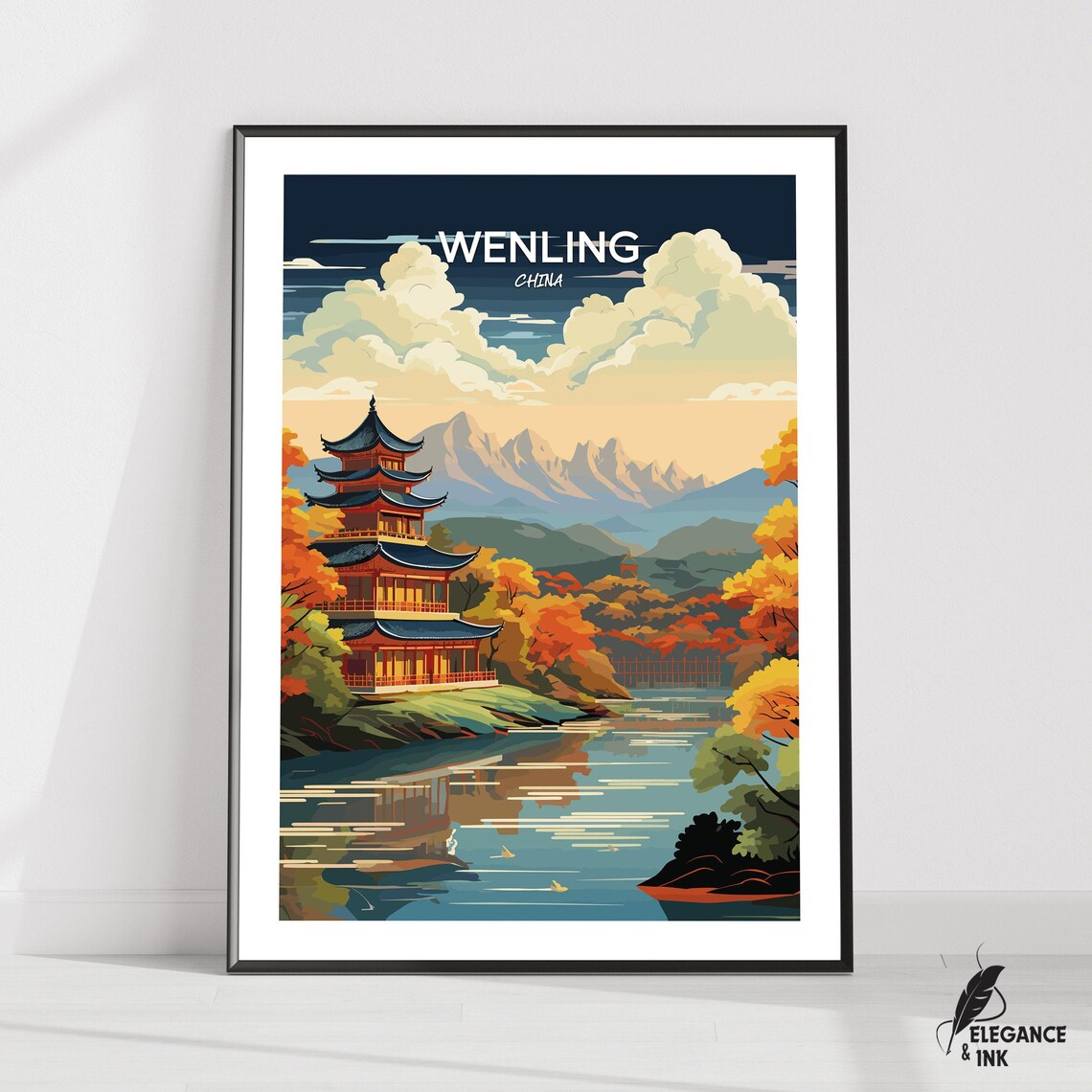 Wenling China Pagoda Lake Autumn Top Title Vintage Travel Poster