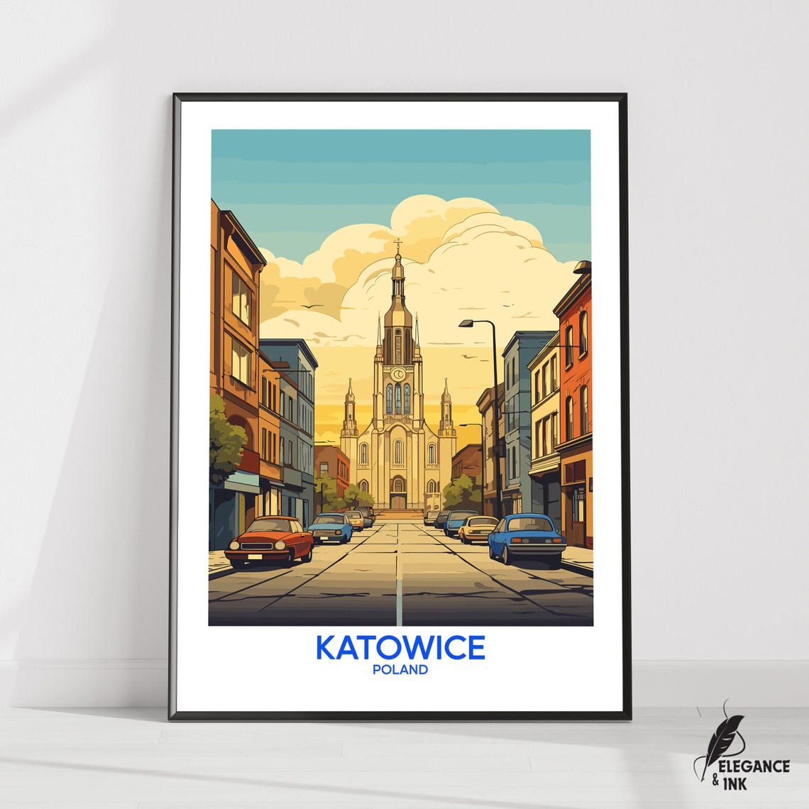 Katowice Poland Cathedral Street Classic Cars Vintage Poster
