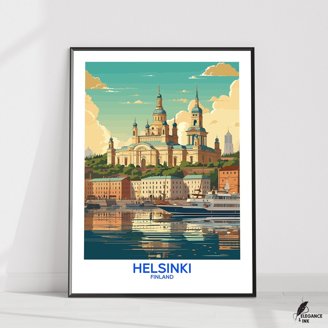 Helsinki Finland Cathedral Harbor Sunrise Illustration Travel Poster