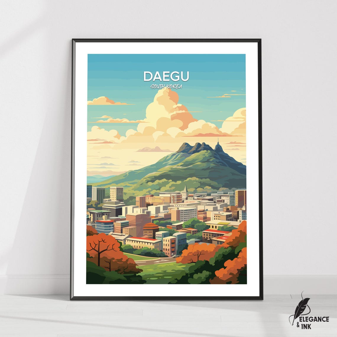 Daegu South Korea Green Mountain Cityscape Illustrated Travel Poster