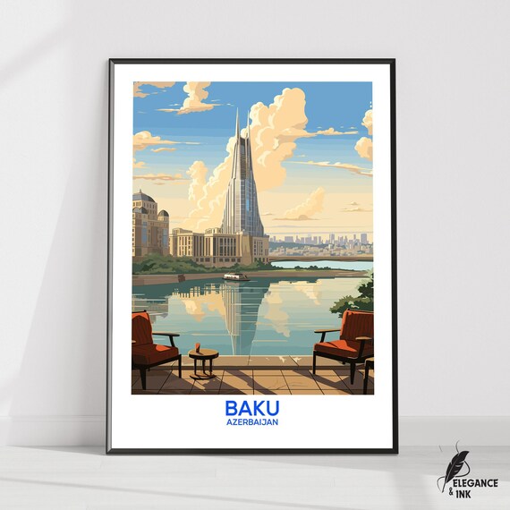 Baku Wall Hanging Posterbaku Flat Vector Illustration Canvasazerbaijan Handmade Wooden Frame And Unframed Colorful Vintage Gift