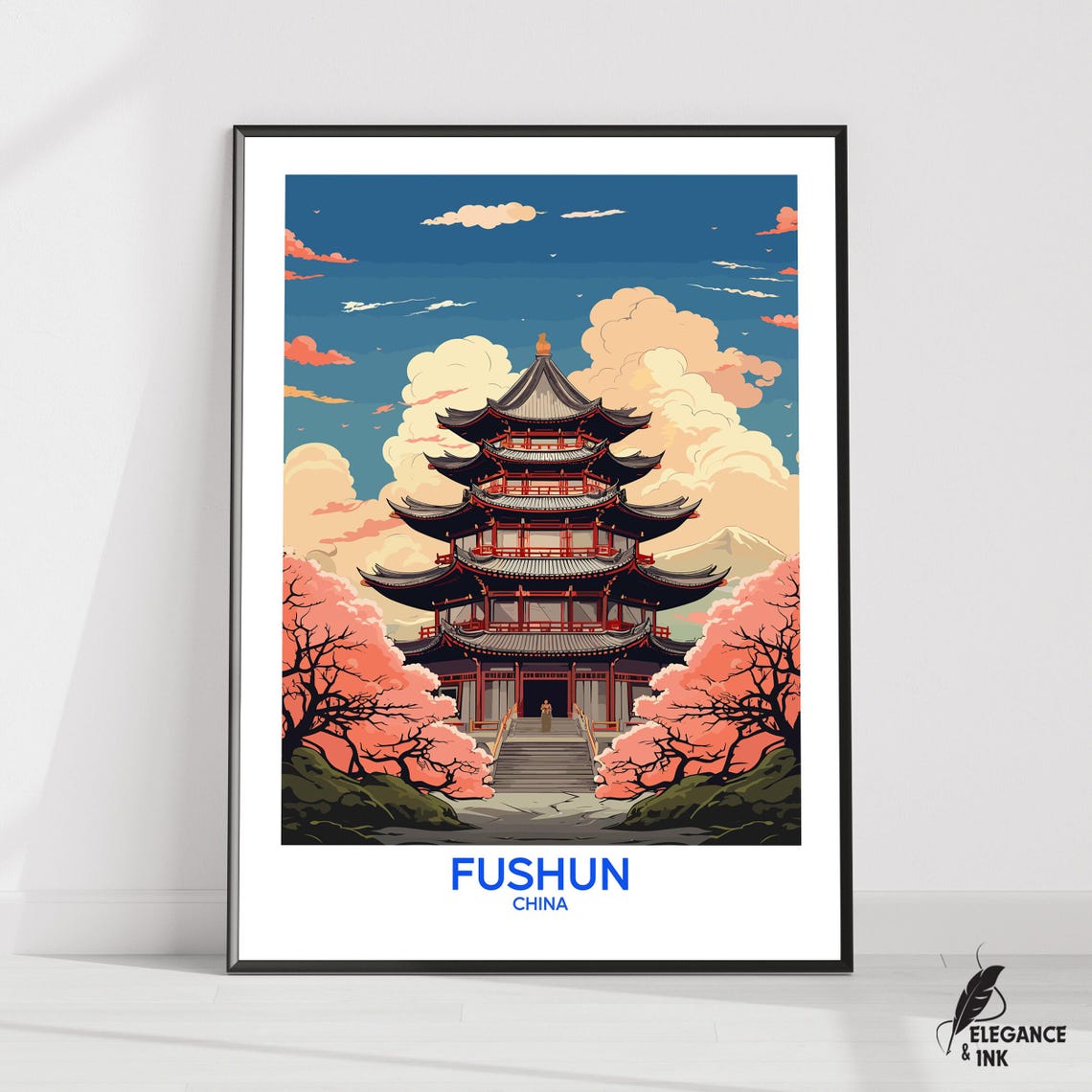 Fushun China Pagoda Travel Poster with Cherry Blossom Trees Scene