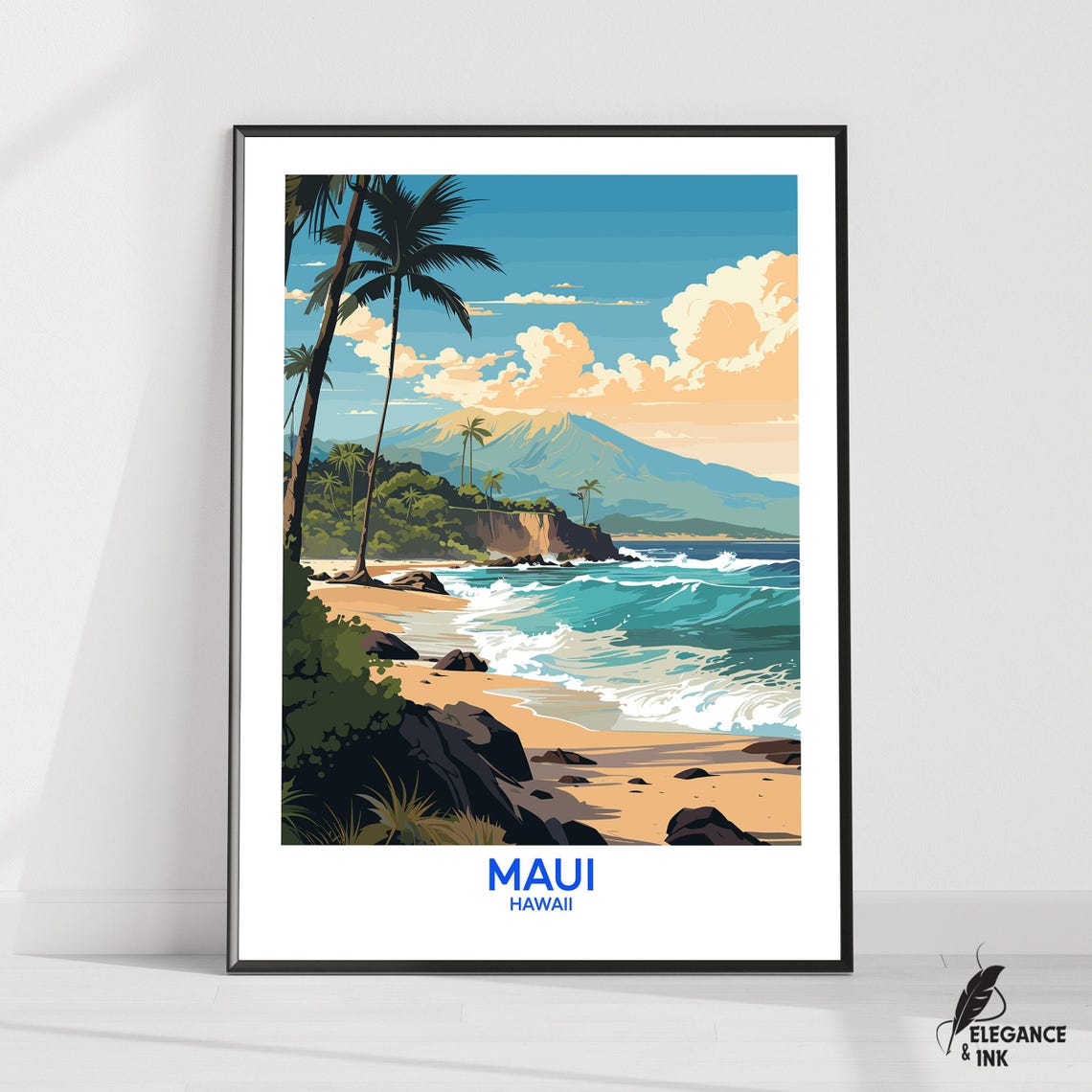 Maui Hawaii Palm Beach Volcano Waves Illustrated Travel Poster