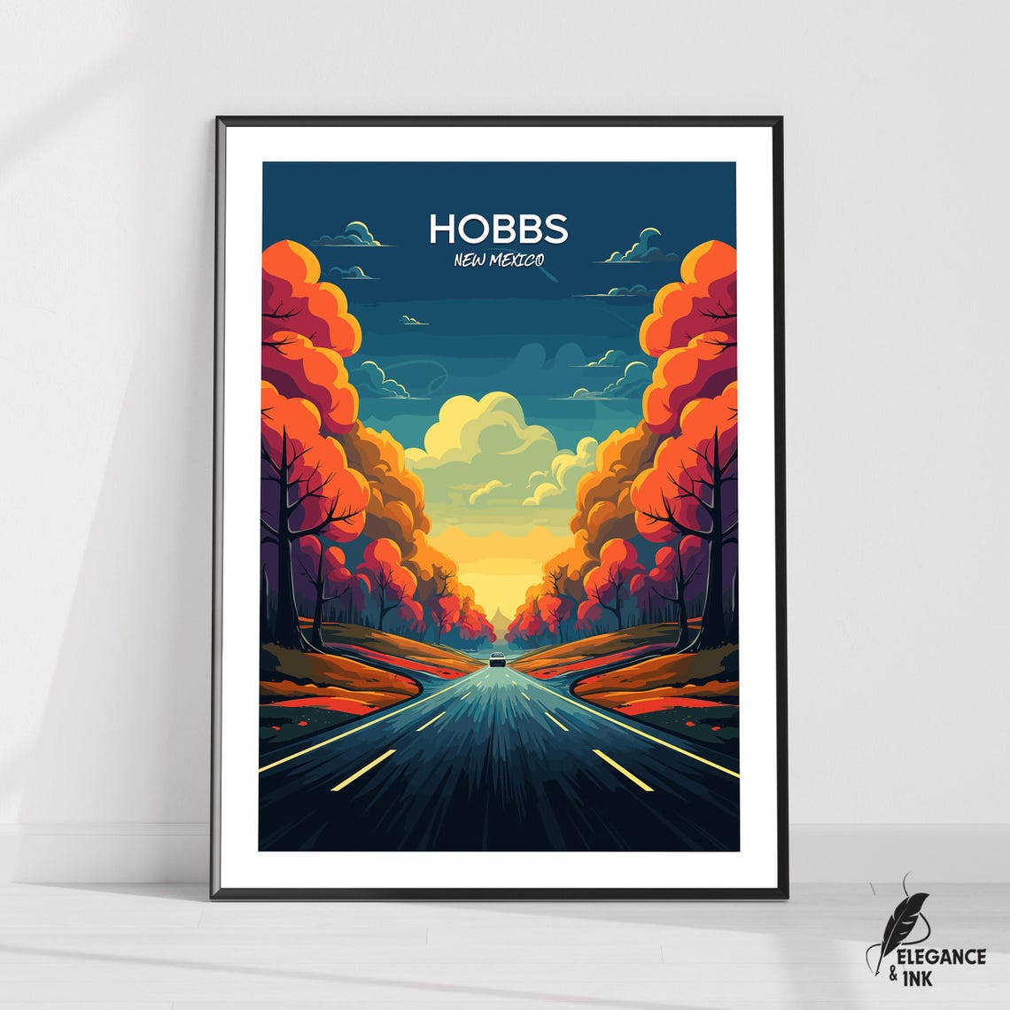 Hobbs New Mexico Sunset Highway Autumn Trees Illustration Poster
