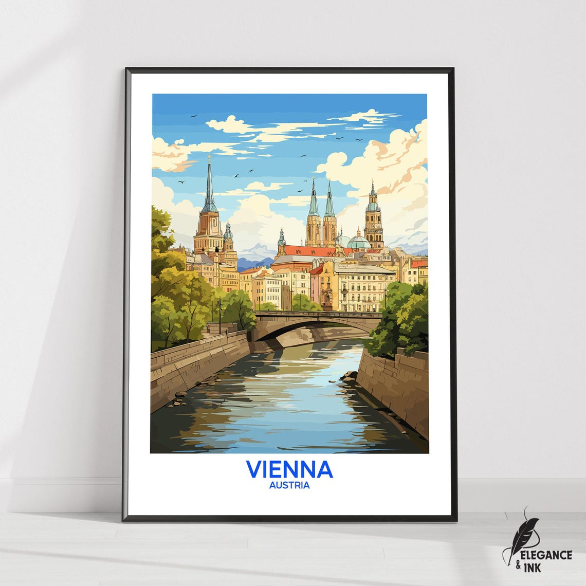Vienna Austria Riverside Old Town Illustration Poster Churches View