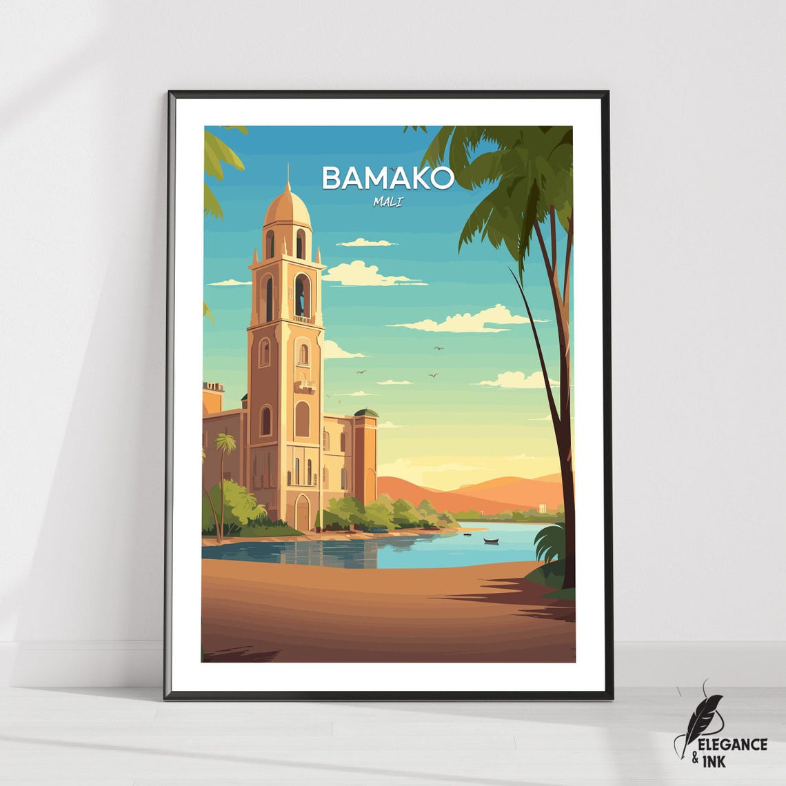 Bamako Mali Vintage Riverside Tower Palms Illustrated Travel Poster