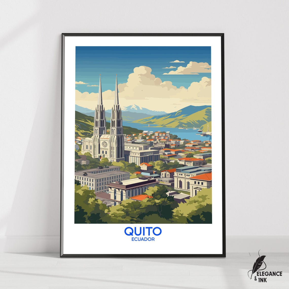 Quito Ecuador Twin Spire Cathedral And Lake Vintage Travel Poster