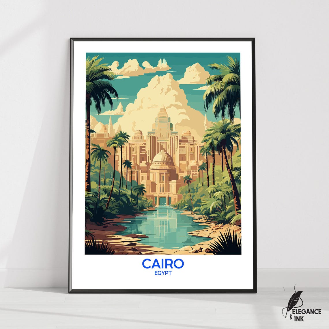 Cairo Egypt Nile River Palm Oasis Vintage Travel Illustration Poster