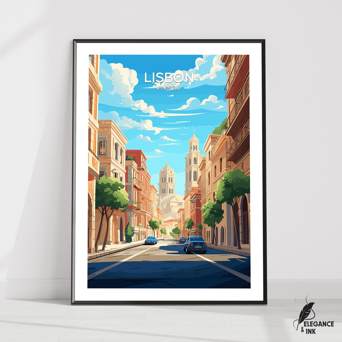 Lisbon Portugal Street Church Towers Illustration Poster Top Title