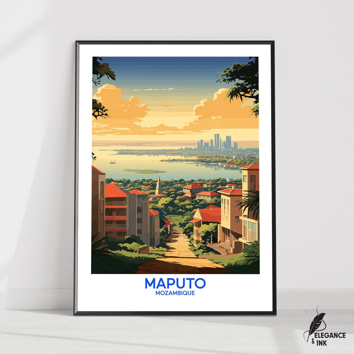 Maputo Mozambique Retro Travel Poster Waterfront Skyline Illustration