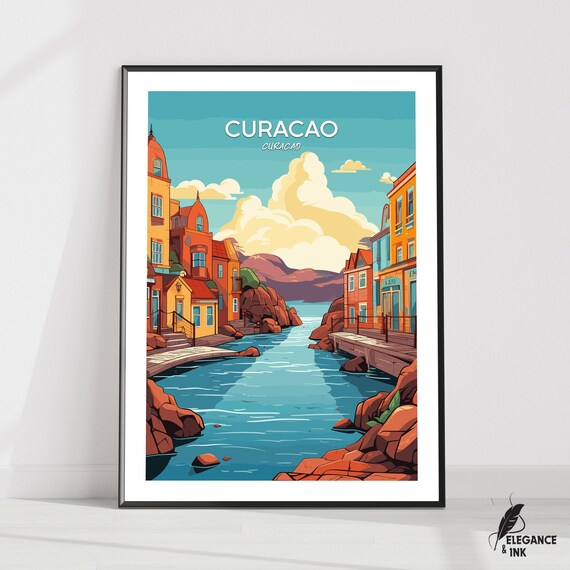 Curacao Caribbean Harbor Waterfront Scenic Vintage Travel Poster