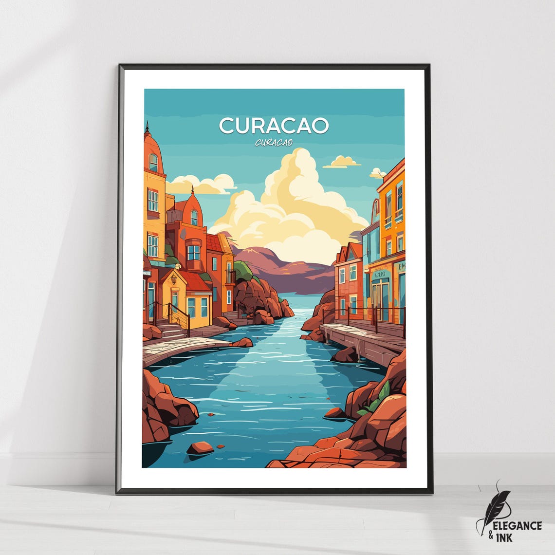 Curacao Caribbean Harbor Waterfront Scenic Vintage Travel Poster