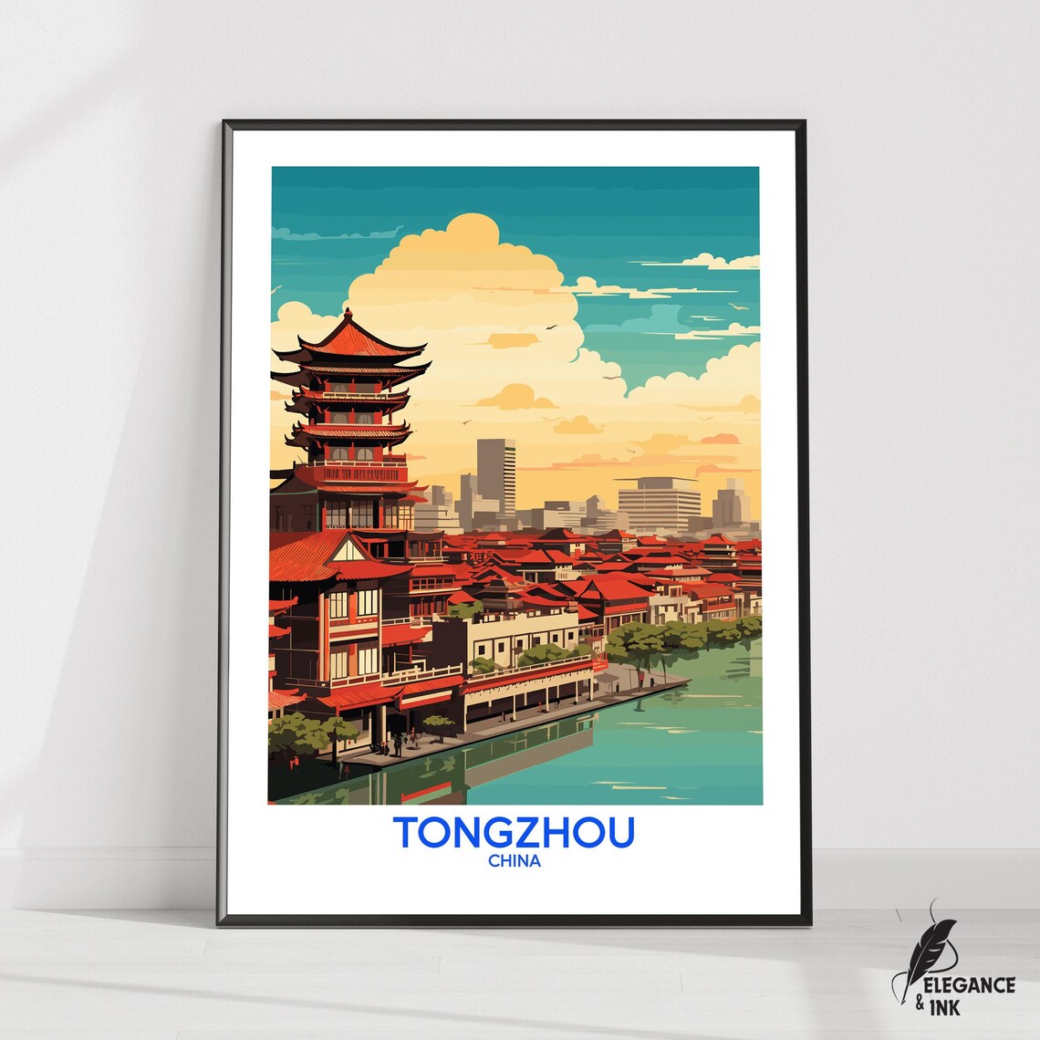 Tongzhou China Riverside Pagoda at Golden Hour Travel Poster