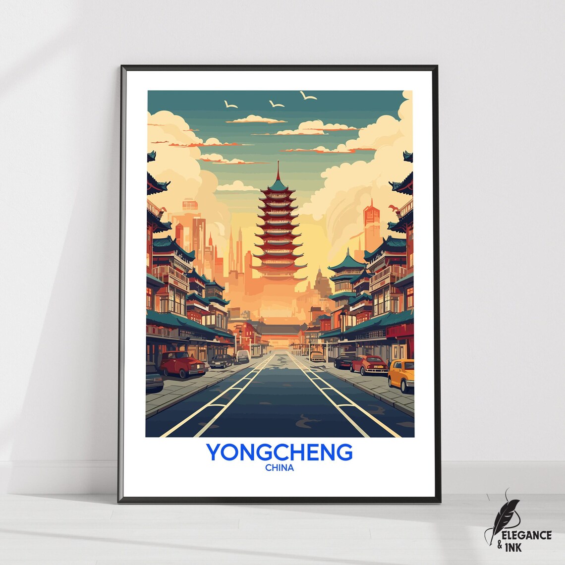 Yongcheng China Pagoda Old Town Street at Sunset Travel Poster