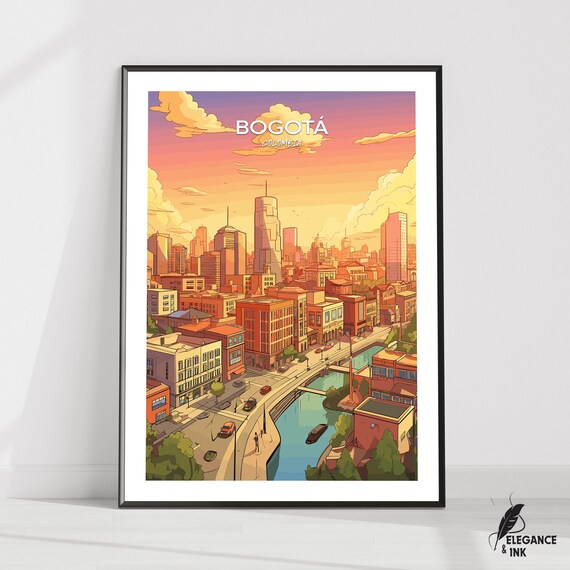 Bogota Colombia Sunset Skyline River Vintage Travel Illustration Poster