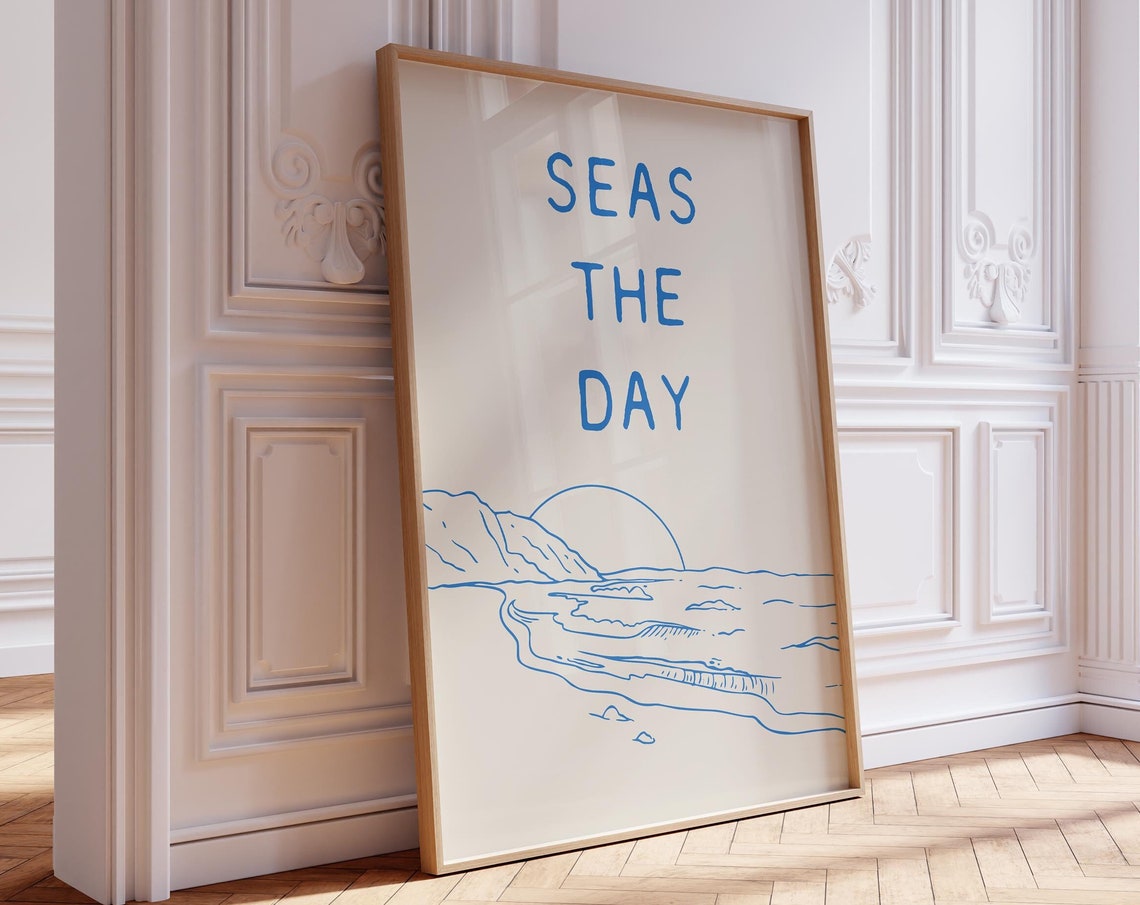 Seas The Day Blue Beach Sunset Line Drawing Home Decor Poster - Image 2