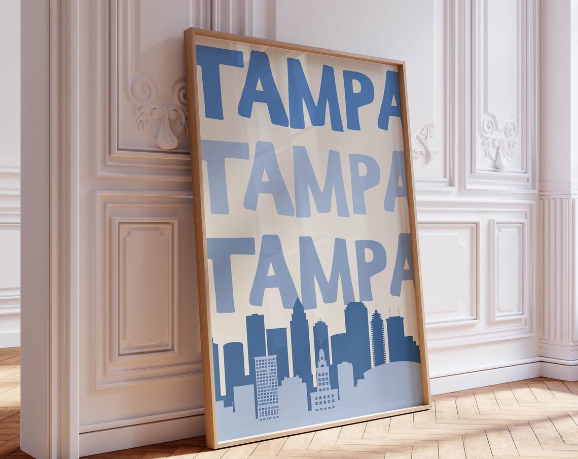 Tampa Florida Stacked Text Skyline Blue Modern Travel Poster