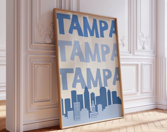 Tampa Florida Stacked Text Skyline Blue Modern Travel Poster