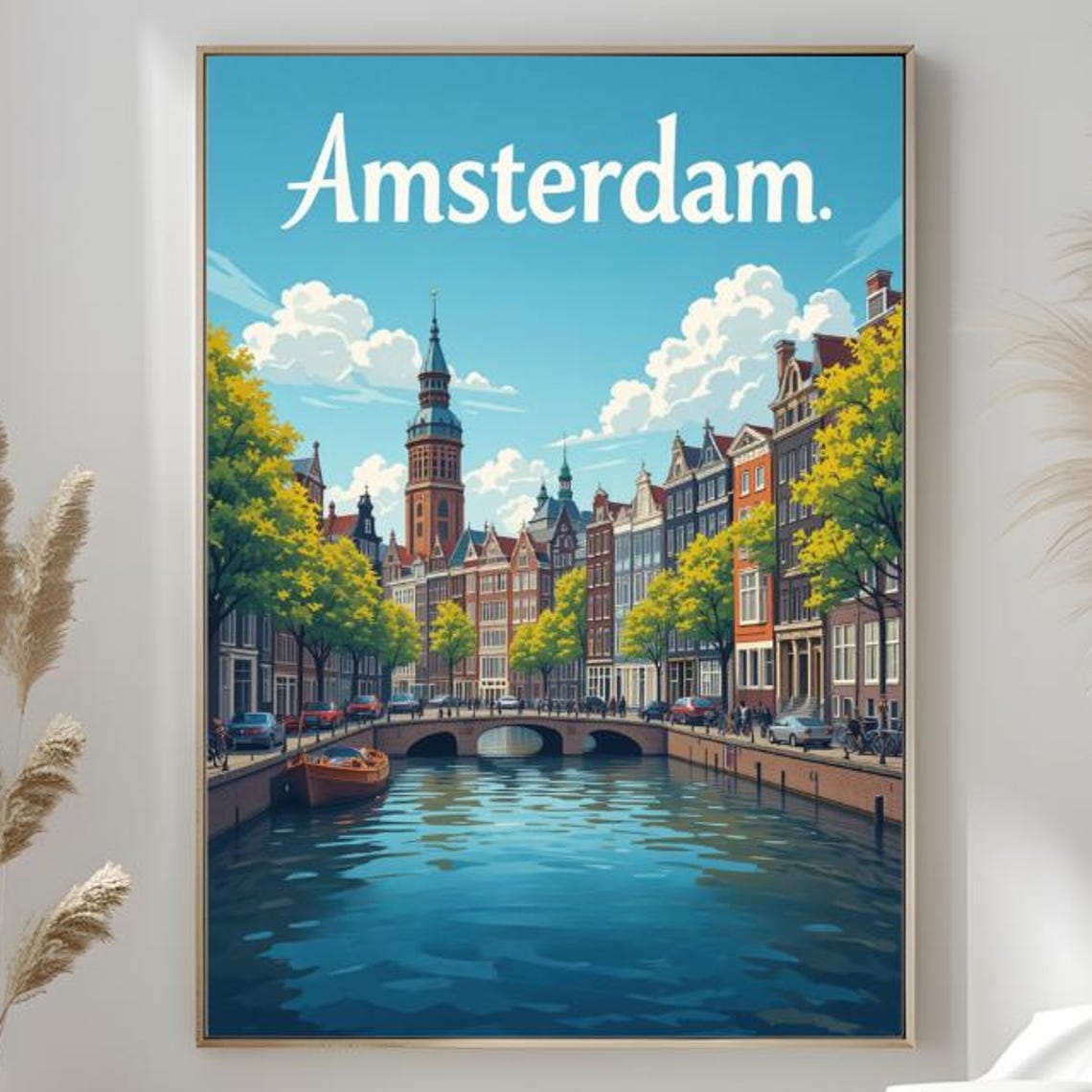 Amsterdam Netherlands Canal Bridge Gabled Houses Boat Poster
