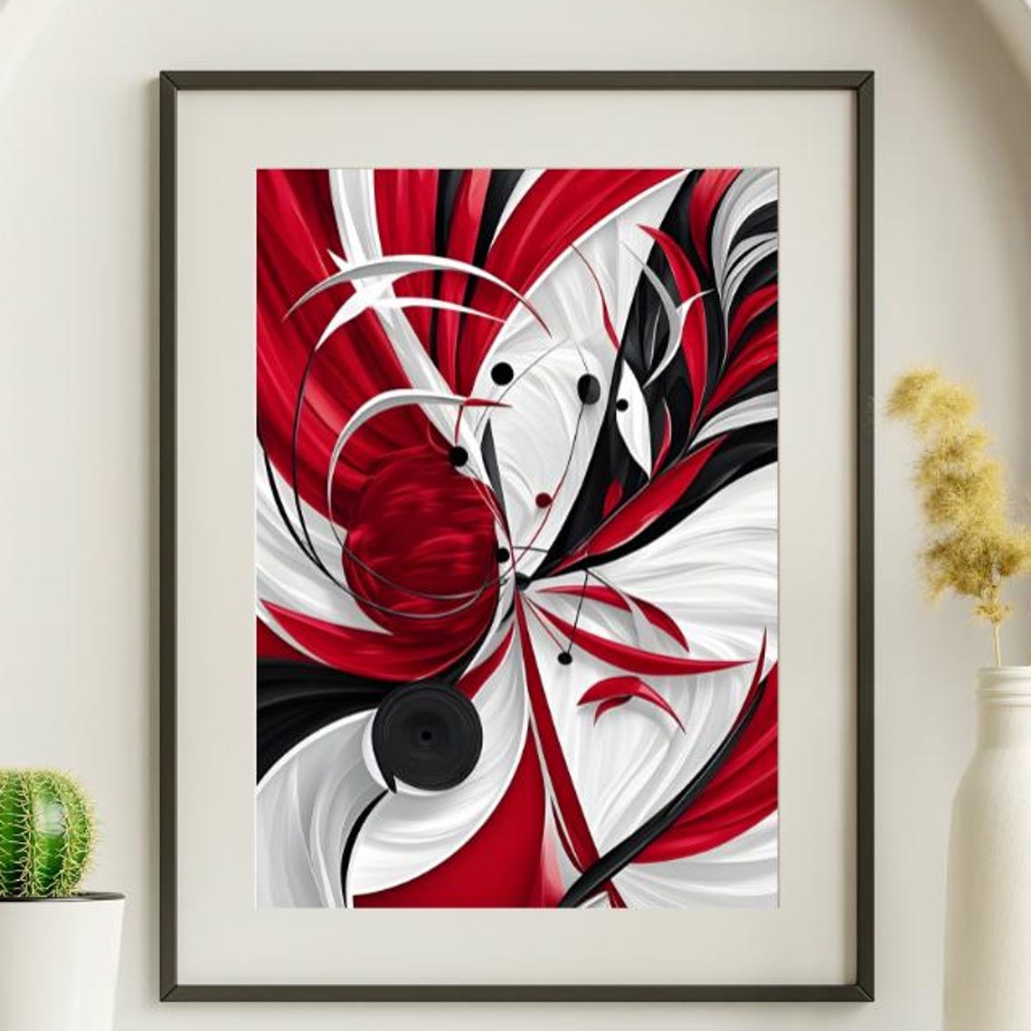 Red Black White Swirling Abstract Orb Petal Wave Elegant Art Poster