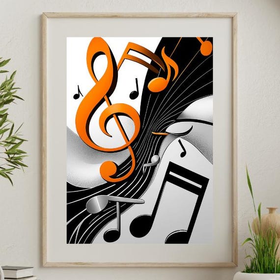 Modern Abstract Music Notes Poster Midcentury Wall Art Bold Geometric Shapes Musical Symbols Orange Silver Artwork Jazz Inspired Decor