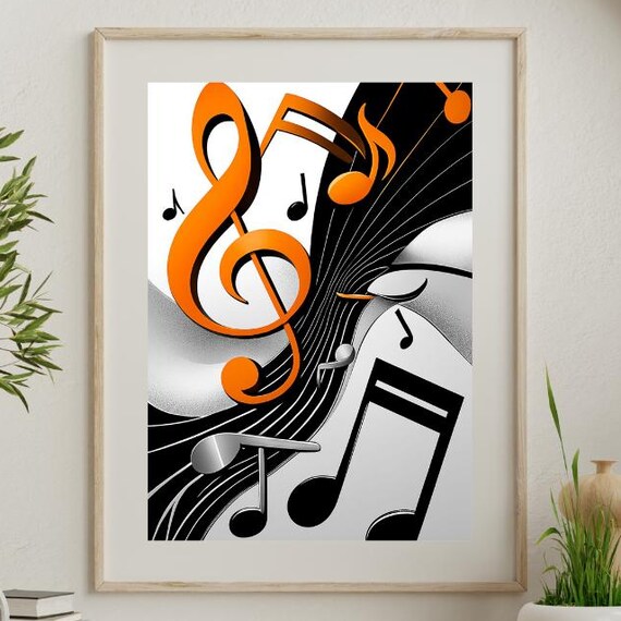 Orange Treble Clef With Floating Music Notes On Black White Swirls Poster