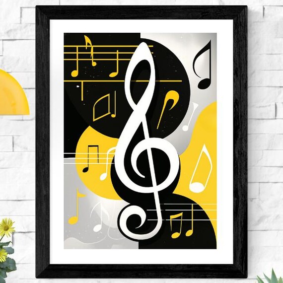 Bold Yellow 3D Treble Clef Poster with Floating Notes on Black Disc