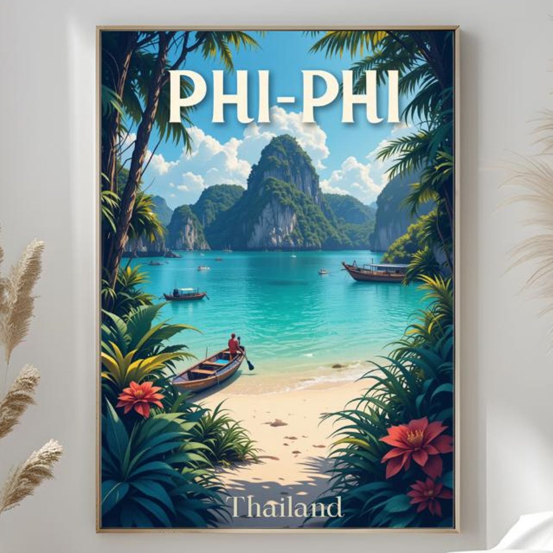 Phi Phi Thailand Tropical Beach Limestone Cliffs Boat Poster