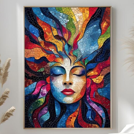 Stained Glass Woman Face Colourful Mosaic Portrait Art Poster