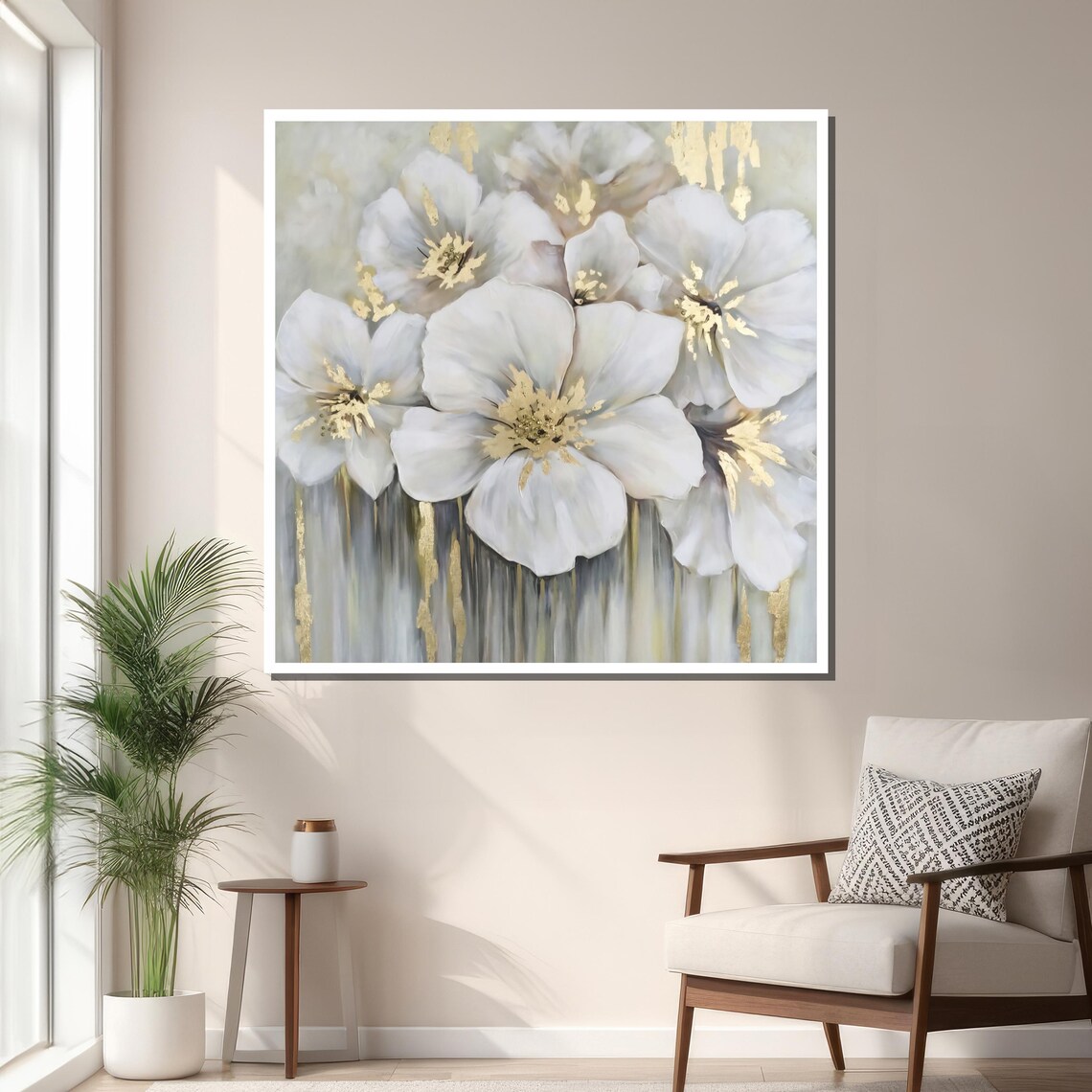 Elegant White Flowers With Gold Accents, Modern Floral - Image 3