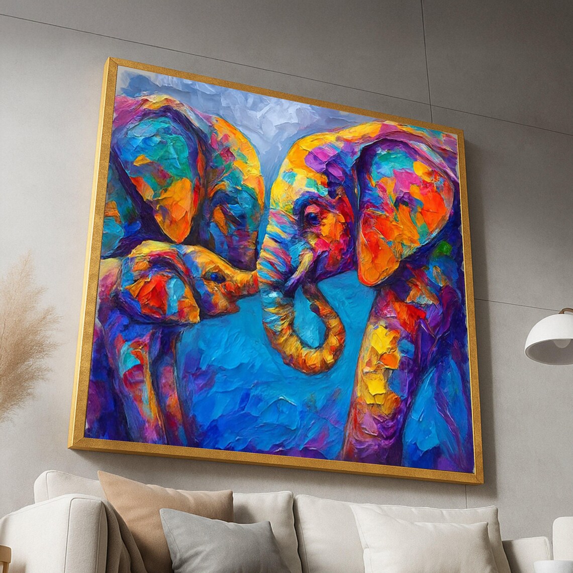 Vibrant Elephant Family Canvas Print Colorful Wildlife Decor