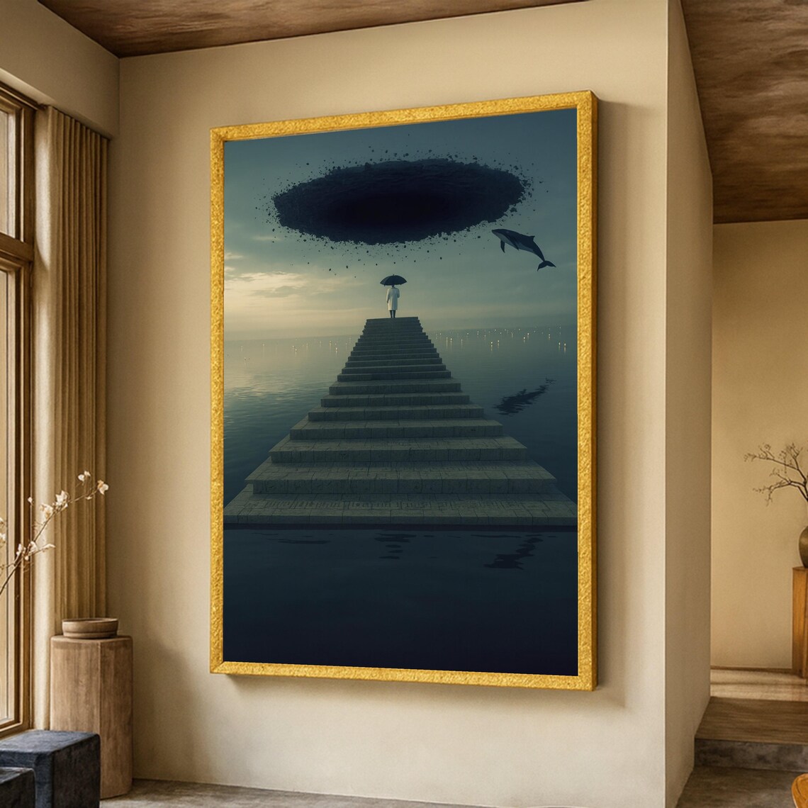 Surreal Ocean Staircase Lone Figure Umbrella Flying Whale Wall Poster