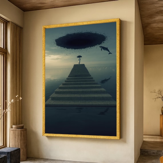 Surreal Ocean Staircase Lone Figure Umbrella Flying Whale Wall Poster