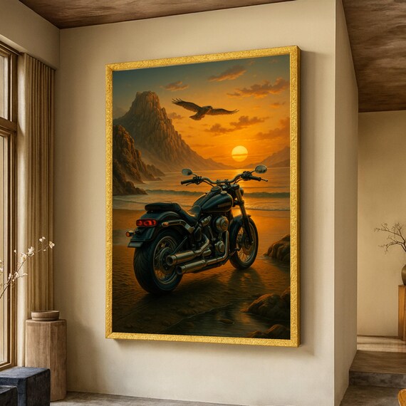 Vintage Motorcycle At Sunset Beach, Coastal Poster
