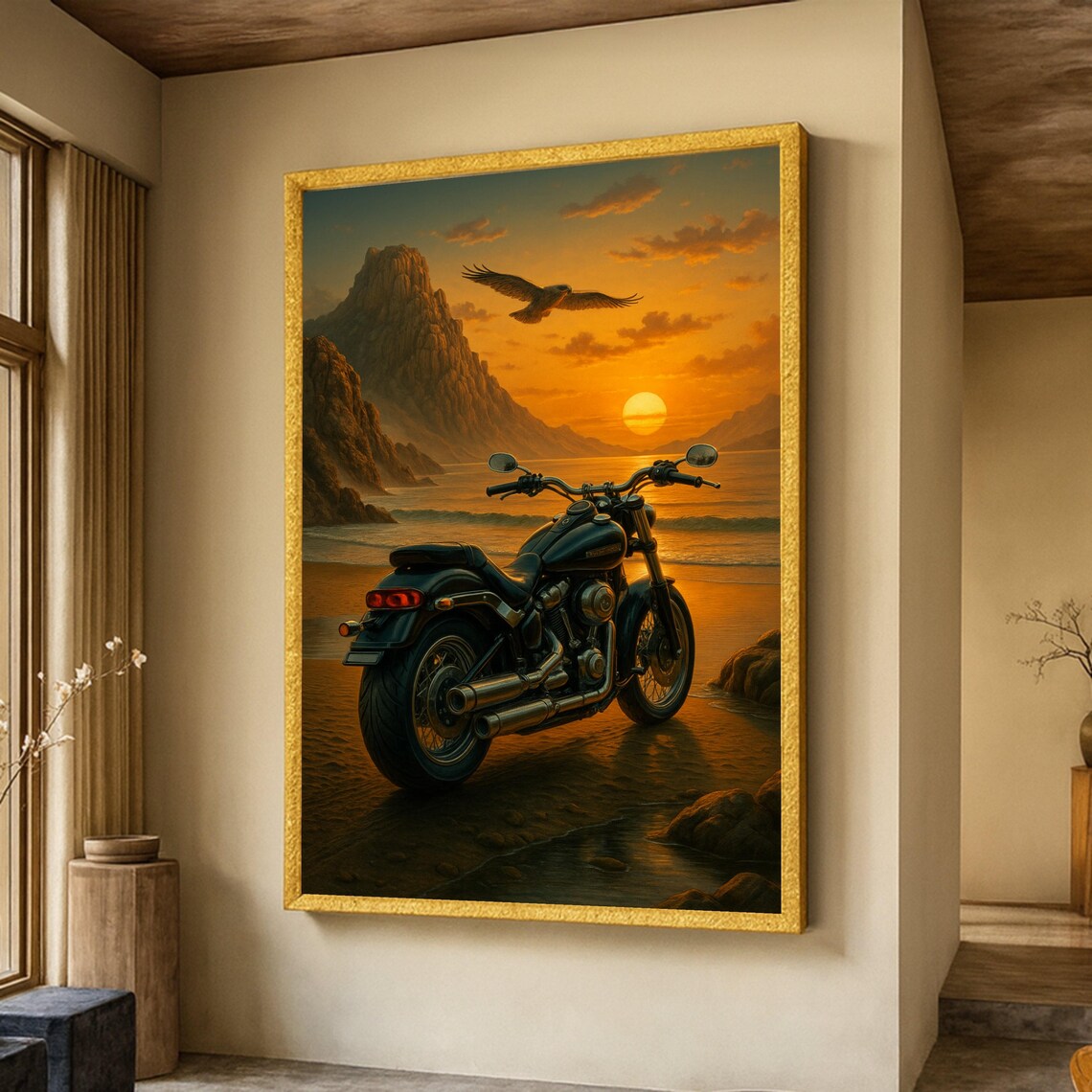 Vintage Motorcycle At Sunset Beach, Coastal Poster