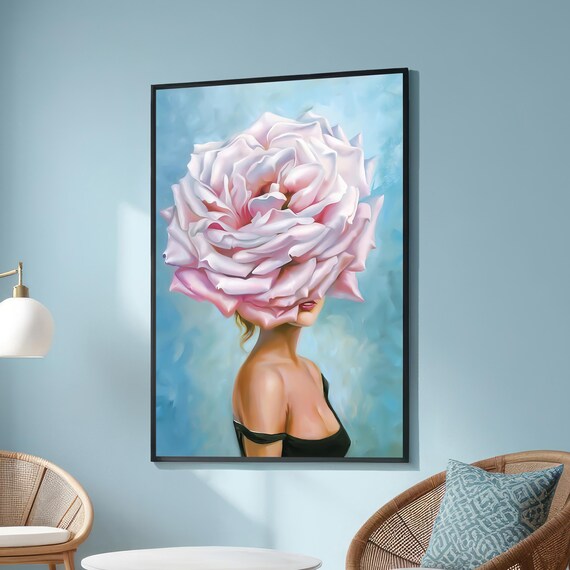 Surreal Floral Woman Canvas Pink Rose Bloom Feminine Art Poster
