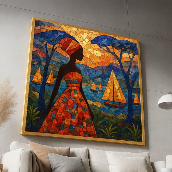 African Woman Silhouette Canvas Mosaic Style Wall Art Colorful Sailboat Scene Abstract Landscape Ethnic Home Decoration