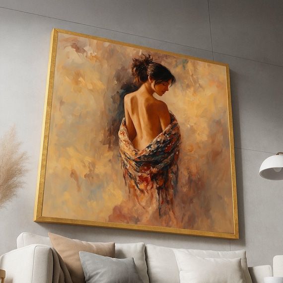 Elegant Woman Back Portrait Warm Golden Oil Painting Art Poster