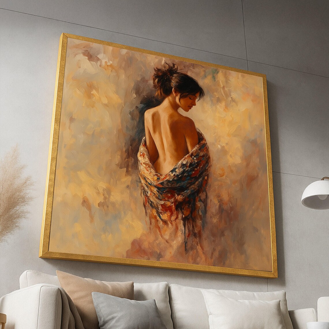 Elegant Woman Back Portrait Warm Golden Oil Painting Art Poster