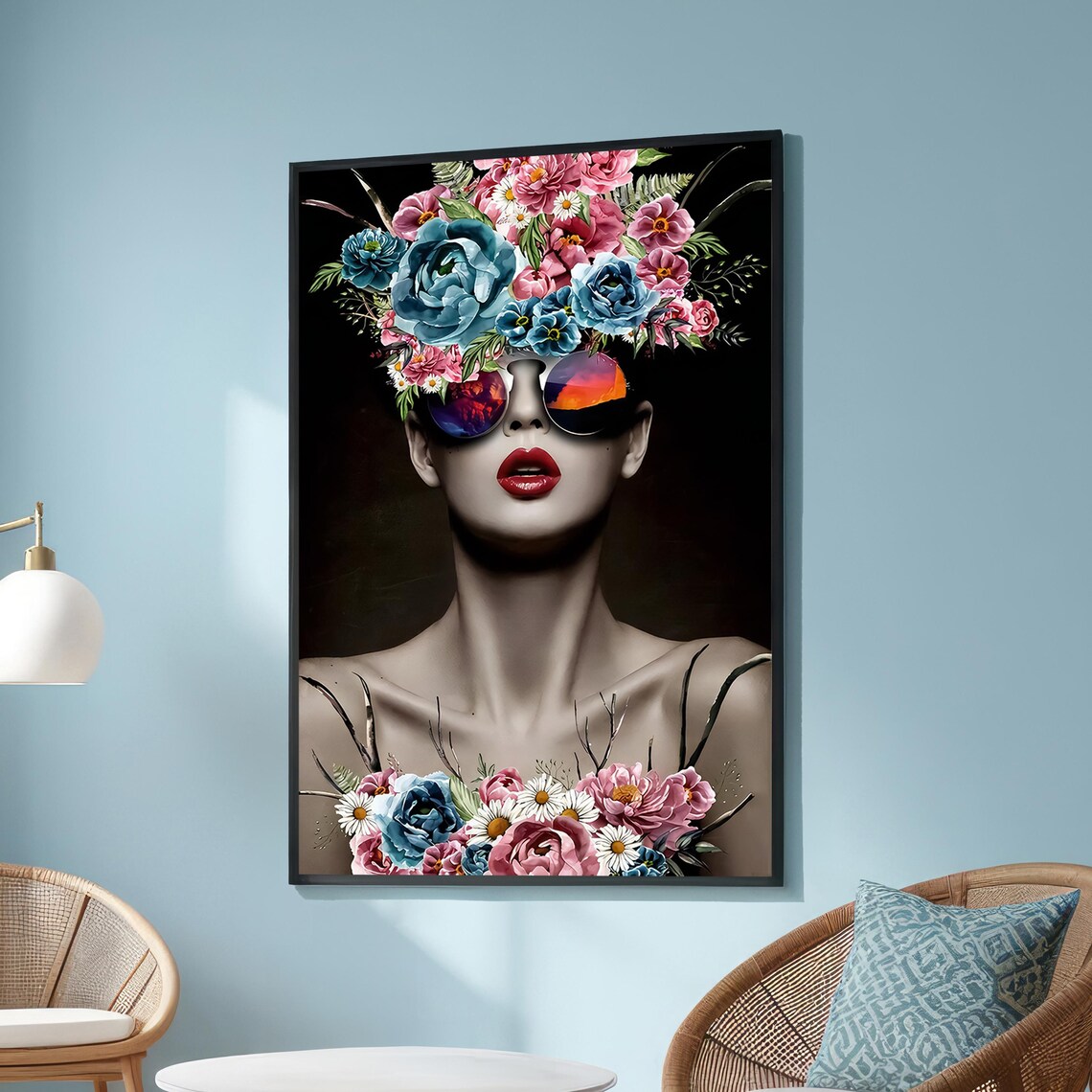Surreal Woman Floral Crown Sunglasses Bold Fashion Portrait Poster