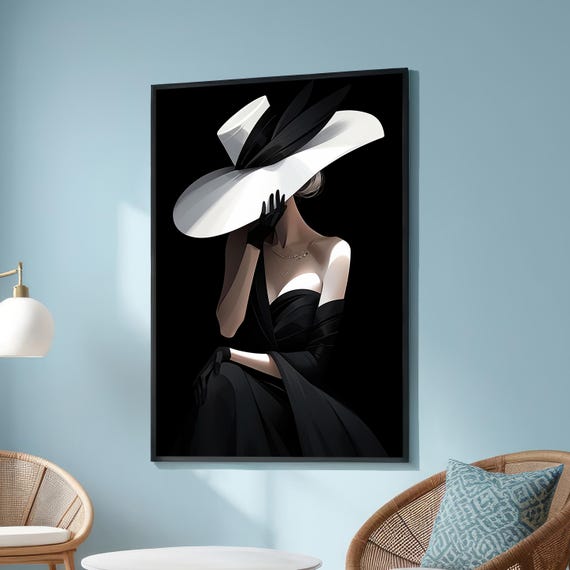 Elegant Woman With Large White Hat And Black Dress Canvas Print Minimalist Fashion Wall Art Stylish Female Portrait For Modern Home Decor